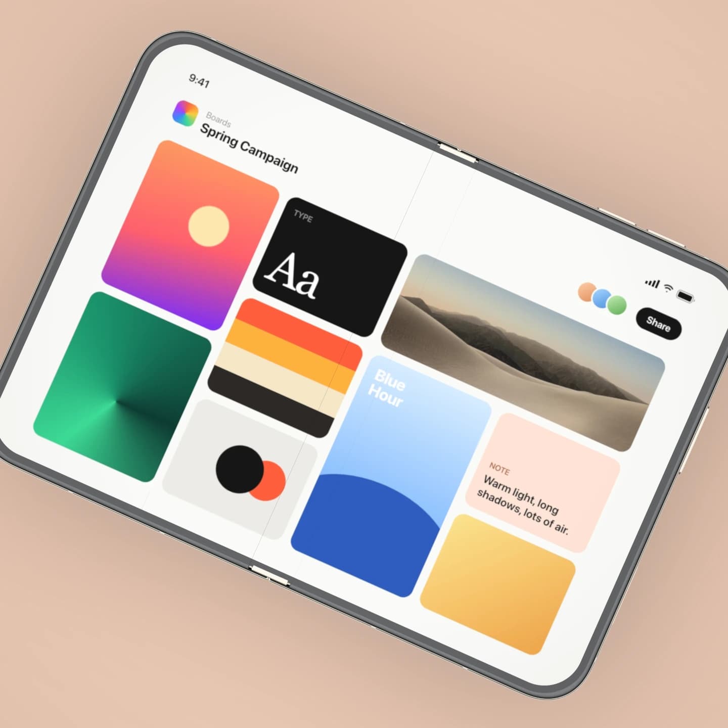 Flat lay — Straight down on a Duo lying flat and open, cropped past its edges on a coloured ground.