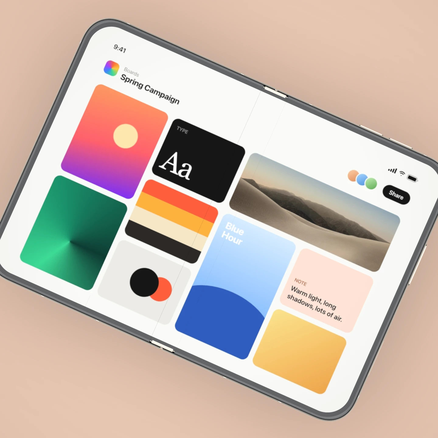 Flat lay iPhone Duo mockup — Straight down on a Duo lying flat and open, cropped past its edges on a coloured ground.