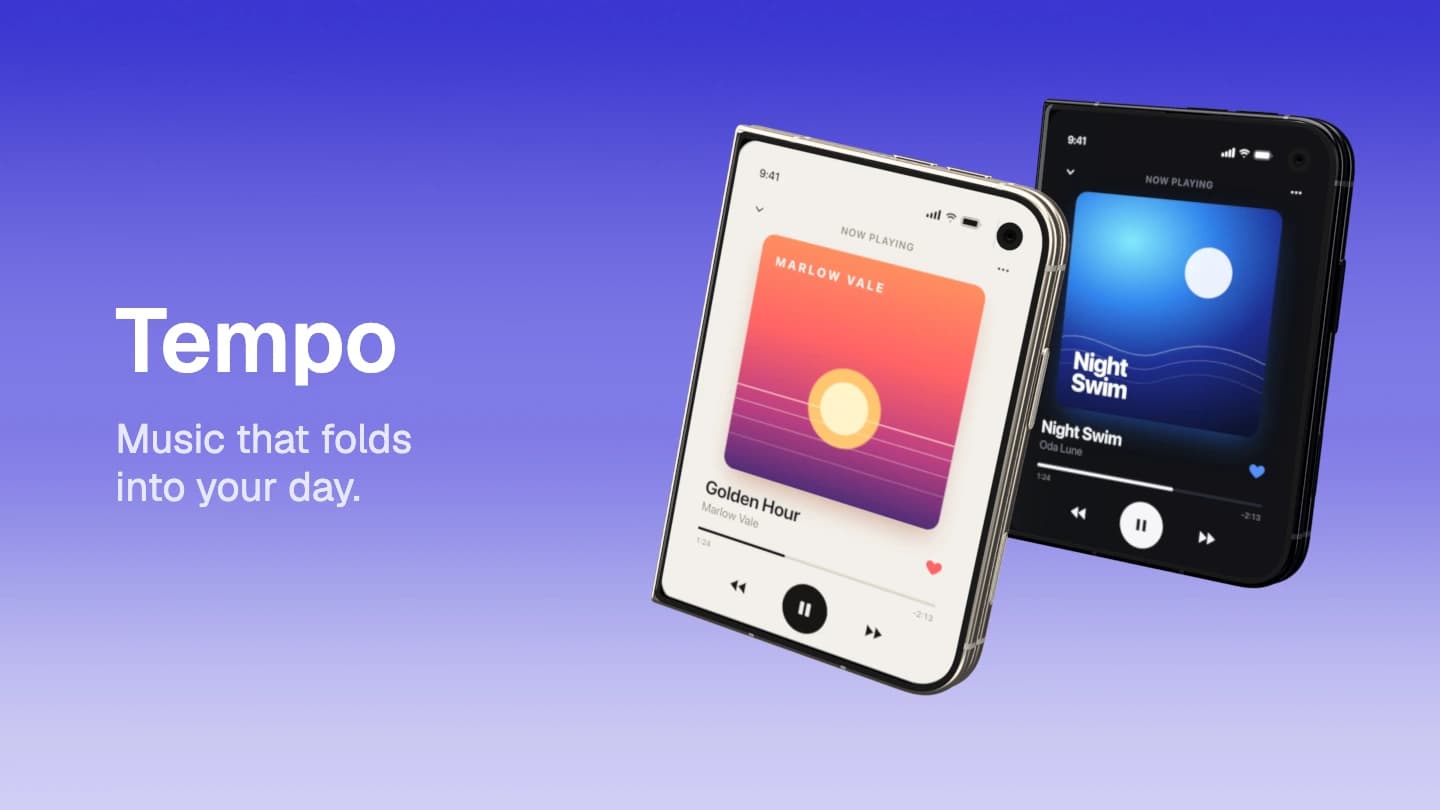 Launch — A headline on the left, a white and a midnight Duo hanging on the right — the shape of a product announcement or a site hero.