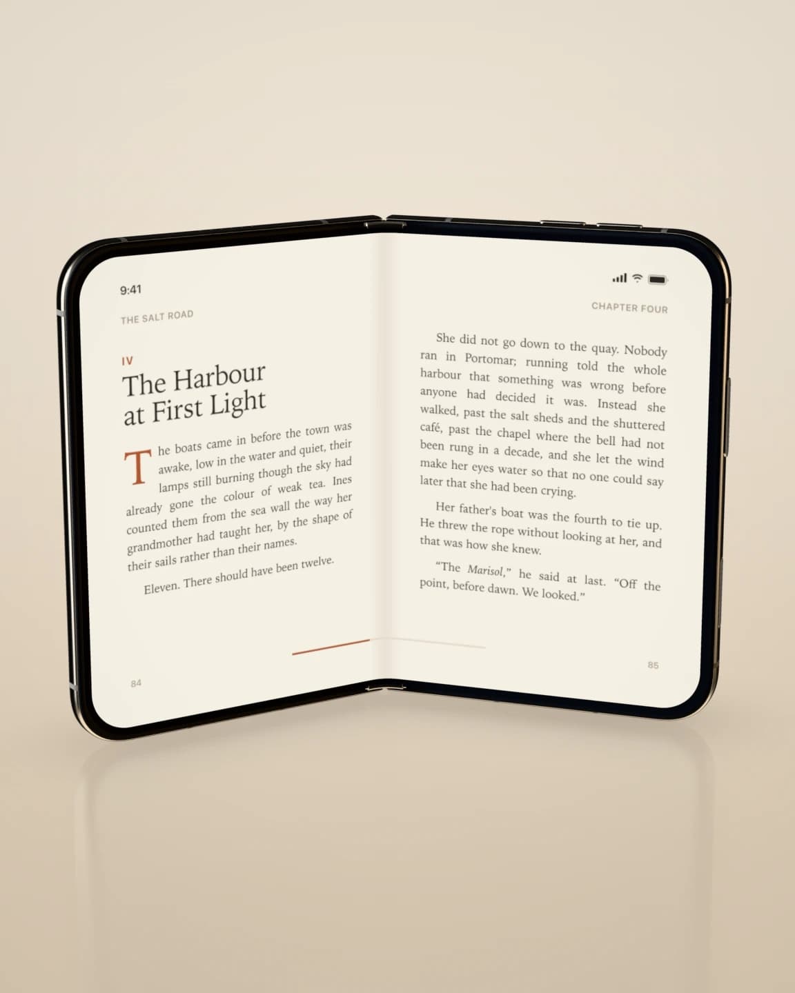 Reader — Held open like a book, so the two halves of the inner display read as facing pages.