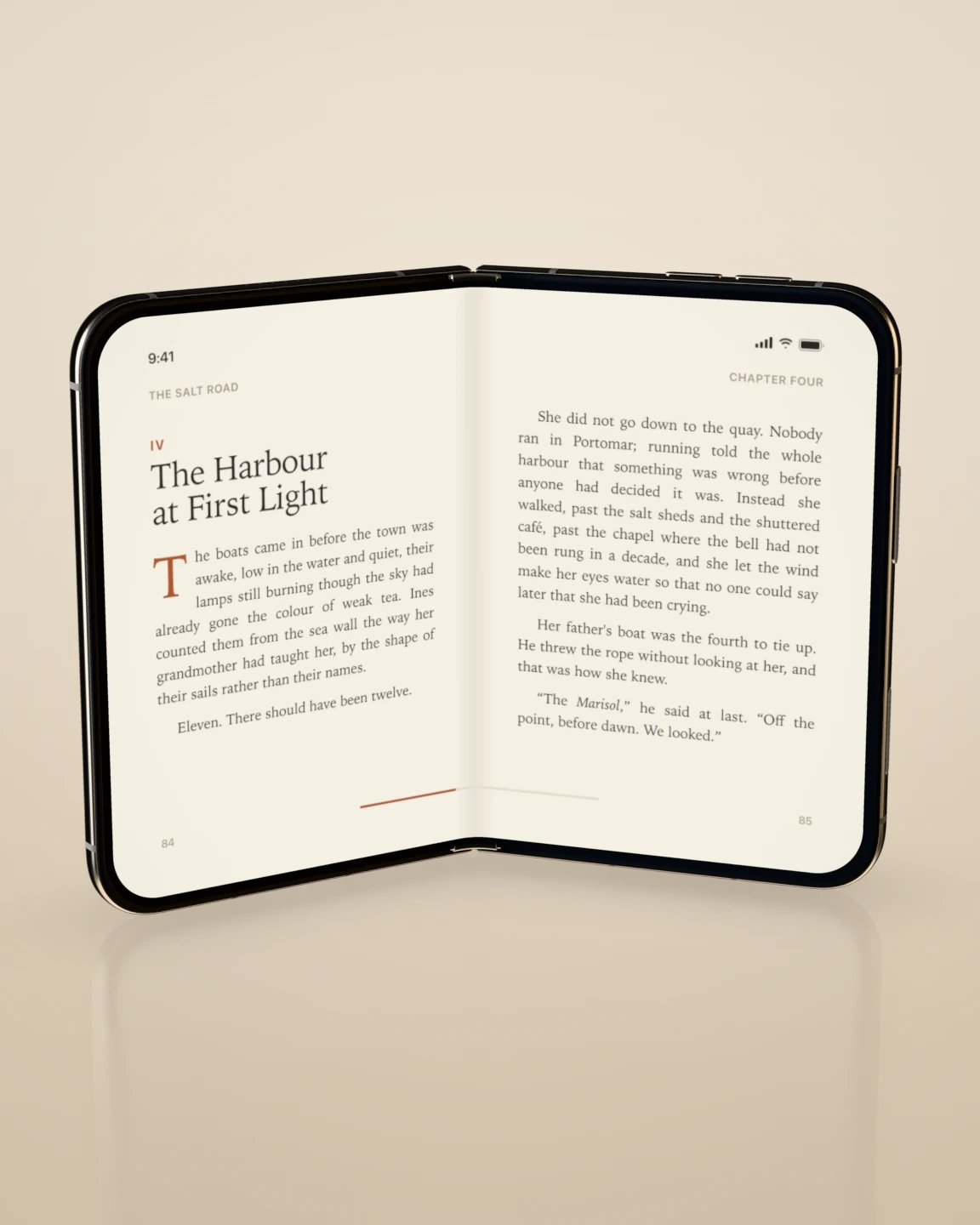Reader iPhone Duo mockup — Held open like a book, so the two halves of the inner display read as facing pages.